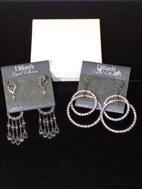 Lot 2 New Pairs Dillard's Crystal Collection Dangle Earrings Bundle & Gift Box